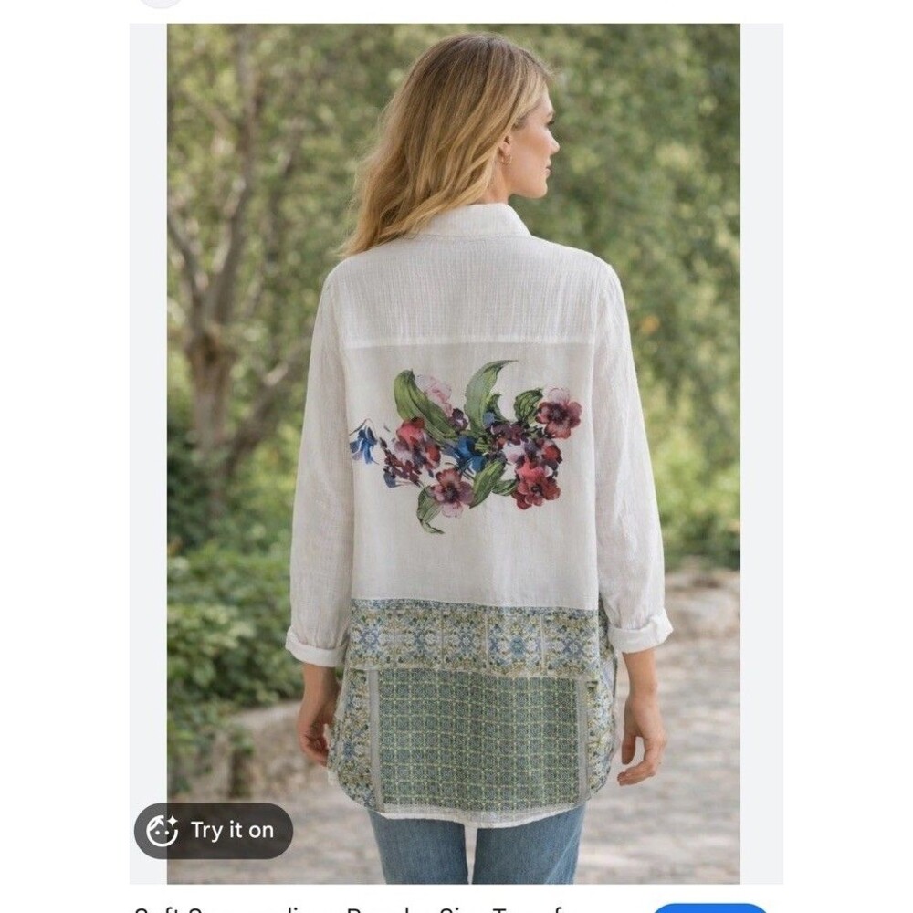 SOFT SURROUNDINGS Women’s Medium Long Weekend Patchwork Floral Back Tunic Blouse